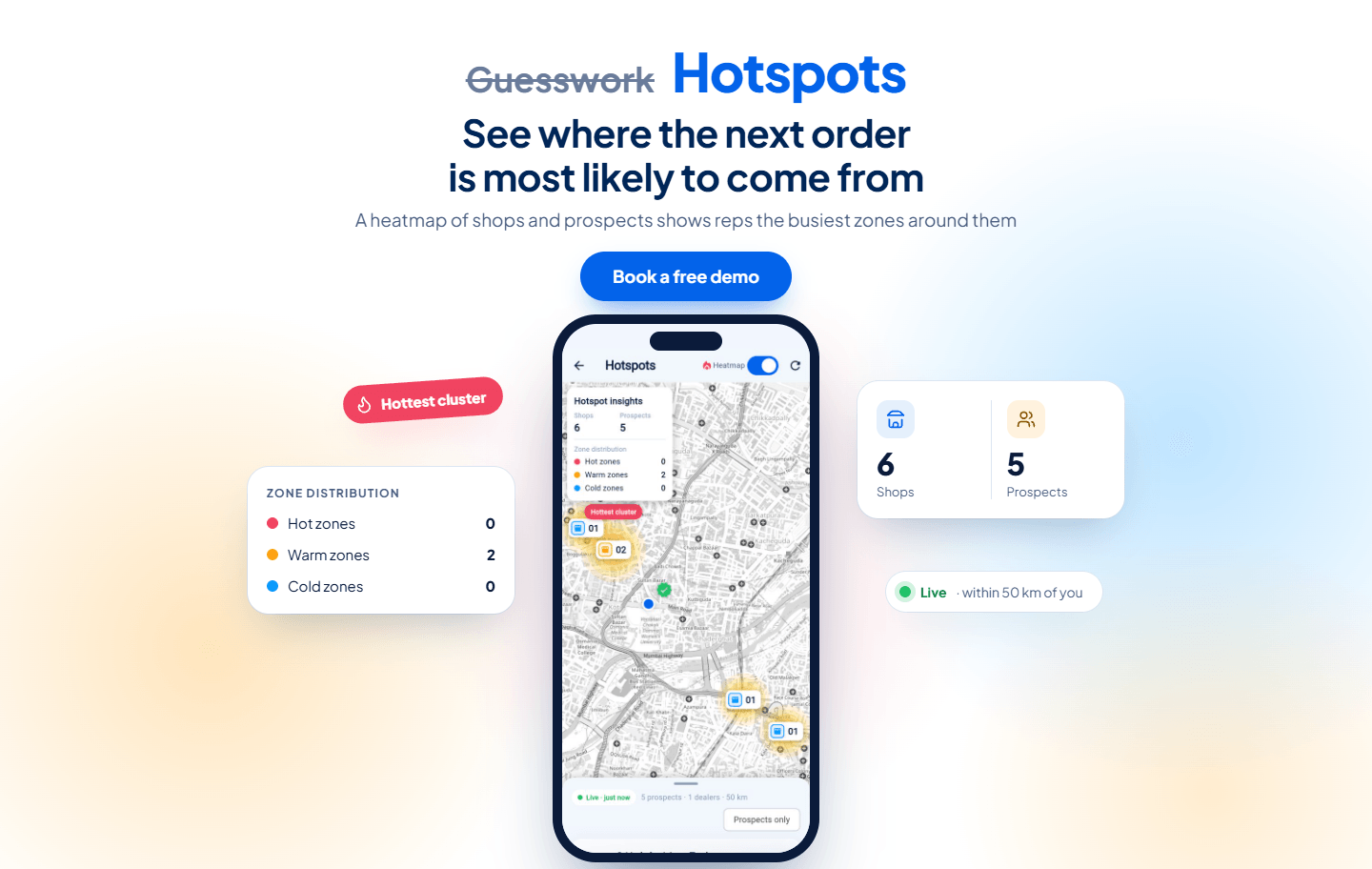 Hotspots instead of guesswork. A heatmap of shops and prospects shows reps the busiest zones around them.