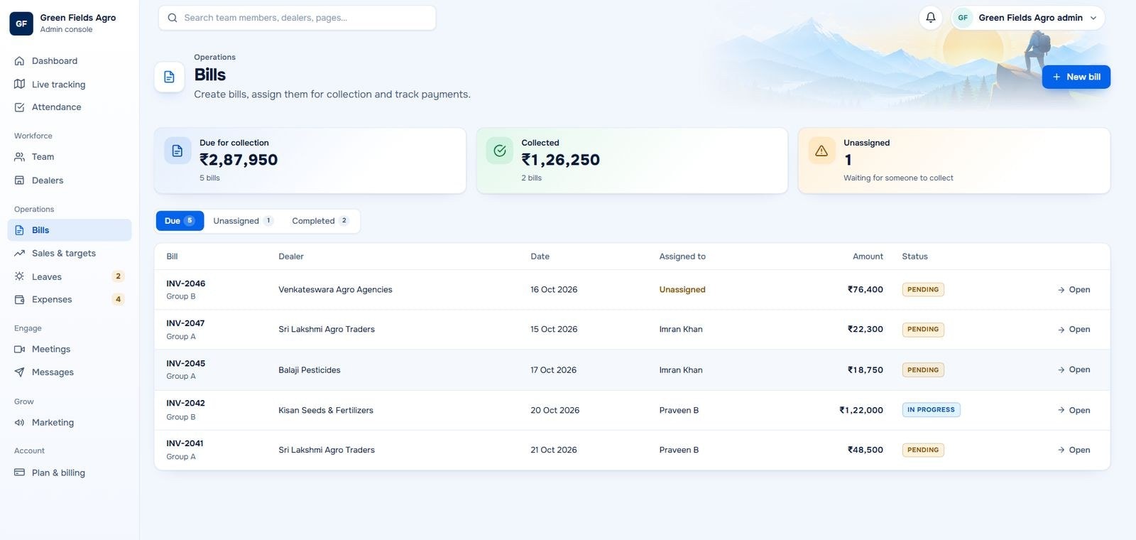Admin console bills with totals due and collected, and each bill's dealer, collector and status