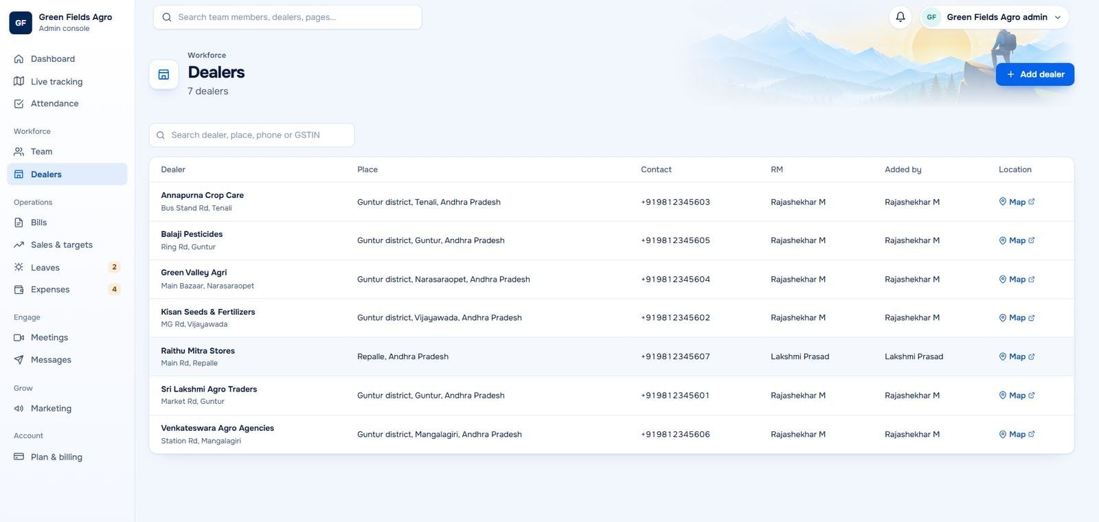 Admin console dealer list with place, contact, regional manager and map link