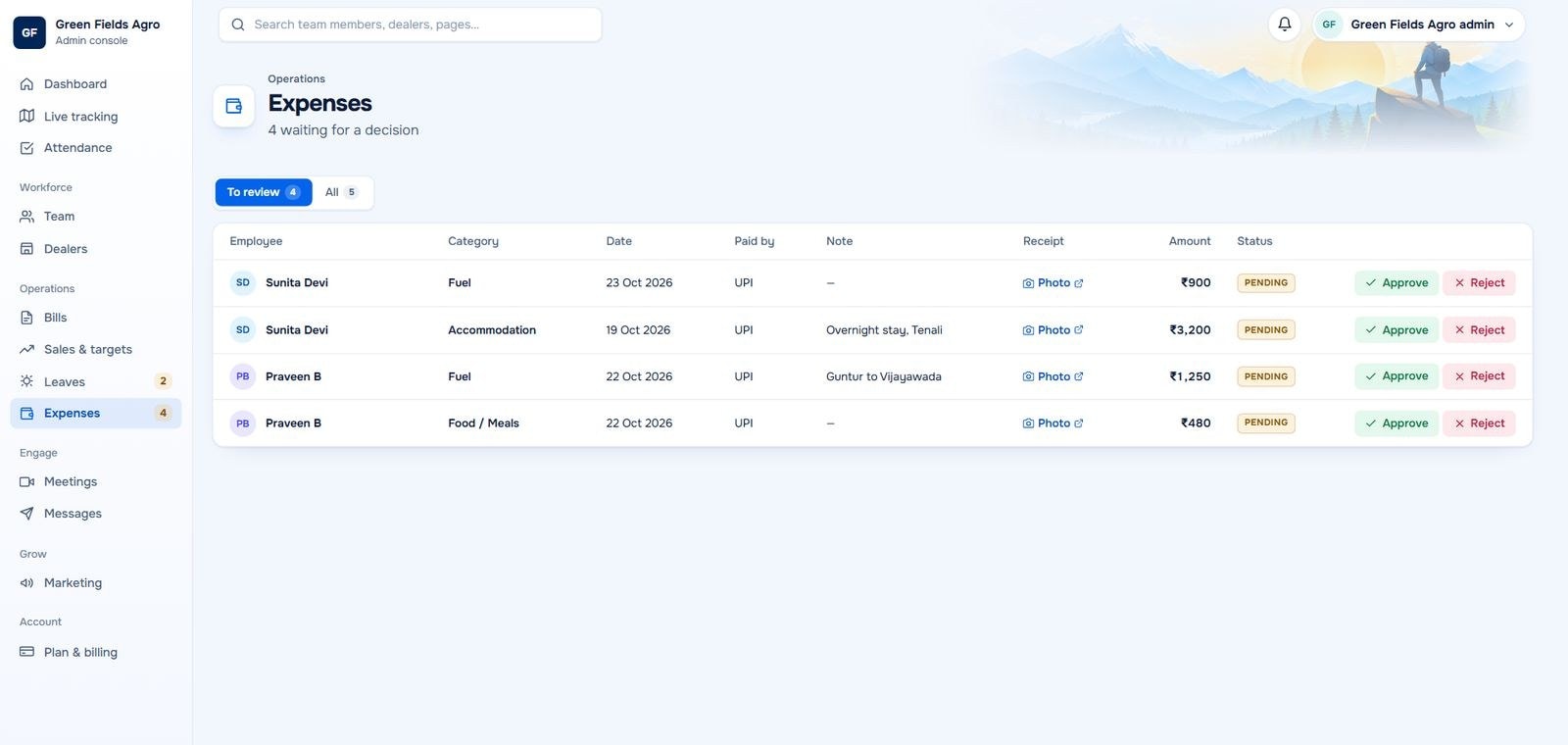 Admin console expense claims waiting for a decision, with receipt photos and approve or reject buttons