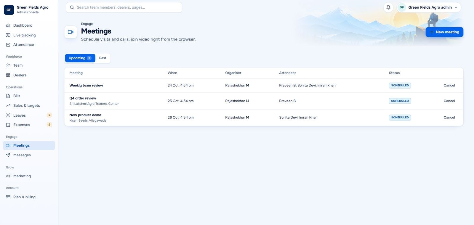 Admin console meetings list with upcoming meetings, organiser and attendees