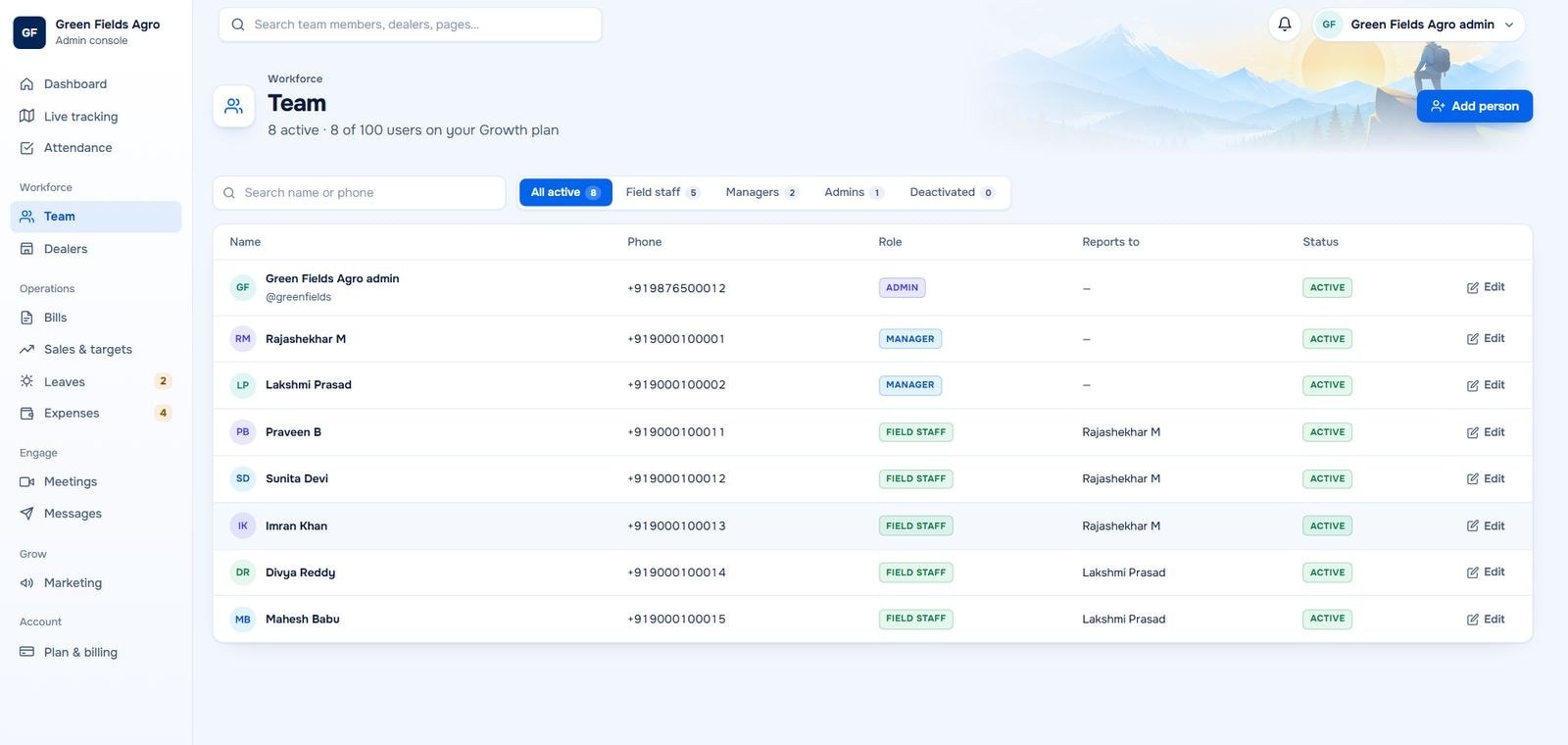 Admin console team list with each person's role, manager and status
