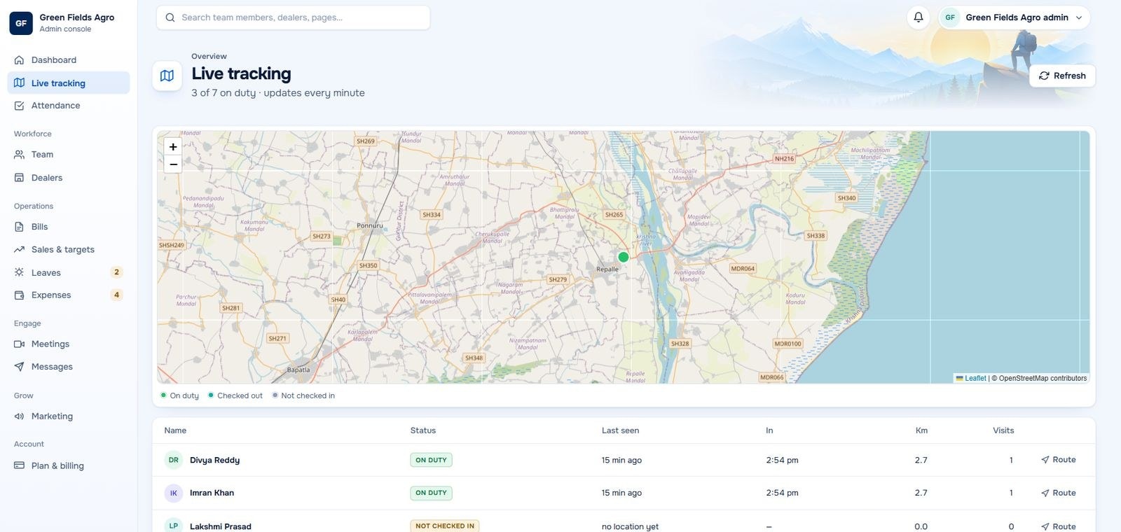 Admin console live tracking map with each person's status, last seen time, distance and visits
