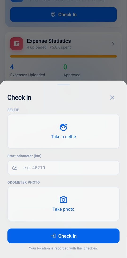 Mobile check-in sheet asking for a selfie, the start odometer reading and an odometer photo
