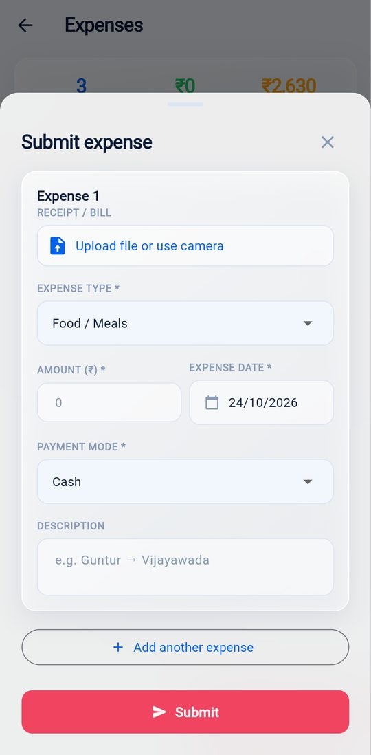 Mobile app expense form with receipt upload, type, amount and payment mode