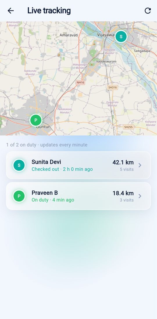 ExSalEnt mobile app live tracking map with each team member's distance and visits