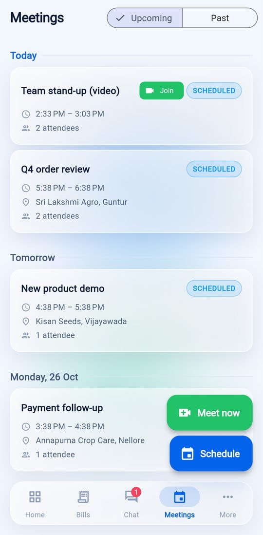ExSalEnt mobile app meetings agenda with a live video meeting ready to join